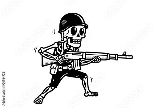 Cartoon skeleton soldier with rifle in action pose.