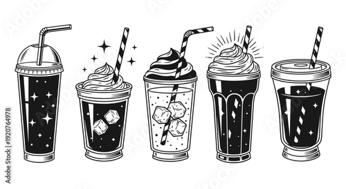 Collection of Five Hand Drawn Iced Coffee Drinks with Whipped Cream and Straws.