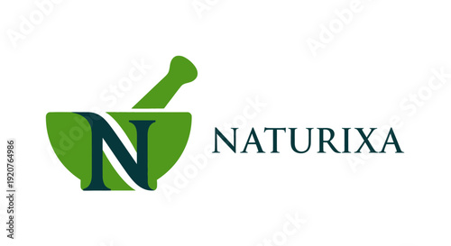 Green Mortar and Pestle Logo with Integrated Letter N and Leaf for Natural Herbal Pharmacy on Isolated White Background