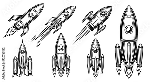 Collection of Vintage Rocket Ship Illustrations in Sketch Style.