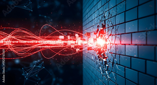 Digital data stream breaks through brick wall, cyber security concept