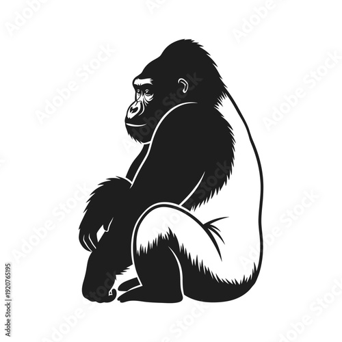 Black and white illustration of a gorilla sitting and looking to the side.