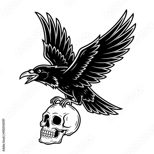 Black Raven Bird Perched on Human Skull Illustration.