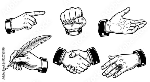 Collection of Vintage Hand Gestures and Actions.