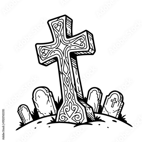 Ornate Celtic Cross Gravestone Illustration.