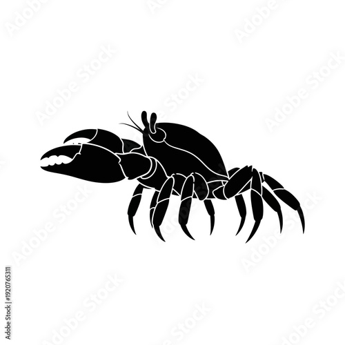 Black silhouette of a crab with a large claw on a white background.