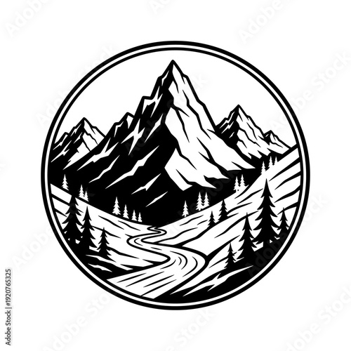 Majestic Mountain Range Landscape with Winding River and Pine Trees.