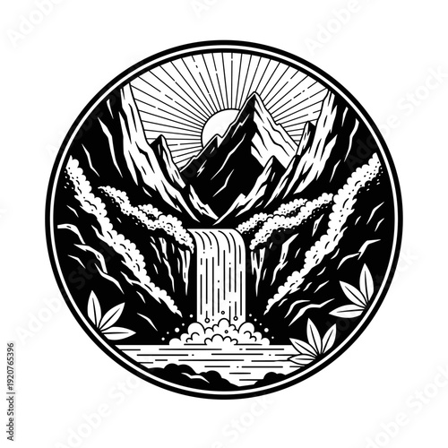 Majestic Waterfall Cascading Through Rugged Mountains.