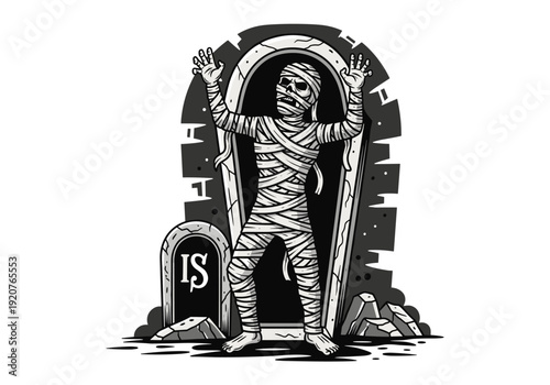 Scary Mummy Emerging From Coffin with Raised Hands.