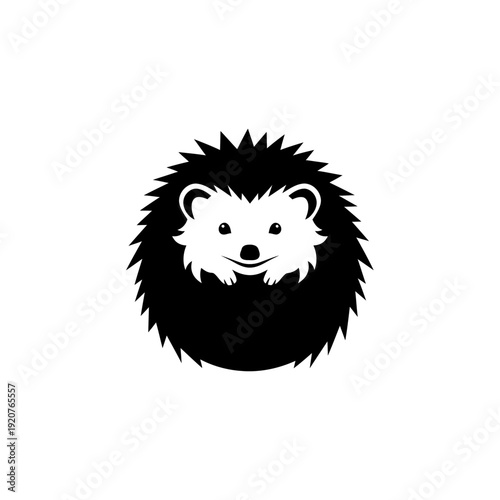 Black and white illustration of a cute hedgehog with a smiling face.