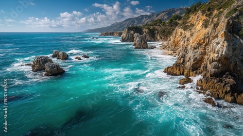 Waves rush toward the rocky shore creating splashes under a sky filled with clouds. Mountains rise in the background near the ocean highlighting the coastline.