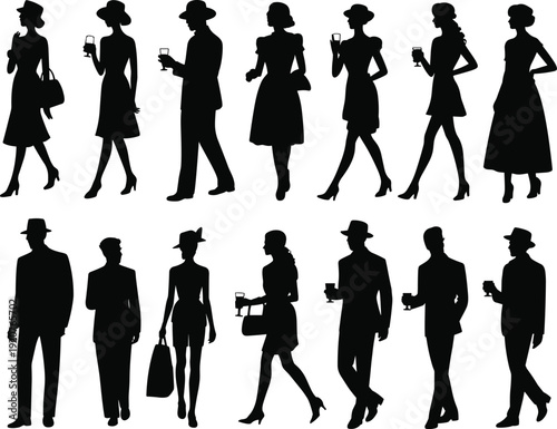 Vintage party people silhouettes vector set, elegant men and women holding wine glasses isolated black figures in retro fashion on white background