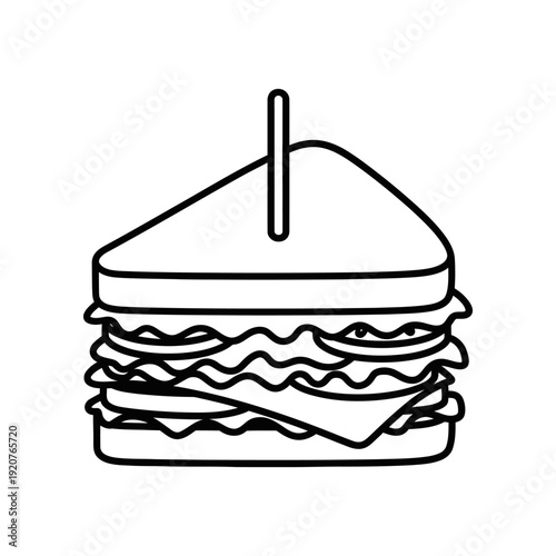 Simple line drawing of a stacked triangle sandwich with a toothpick on a white background.