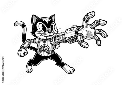 Retro Robot Cat Character with Mechanical Arm.