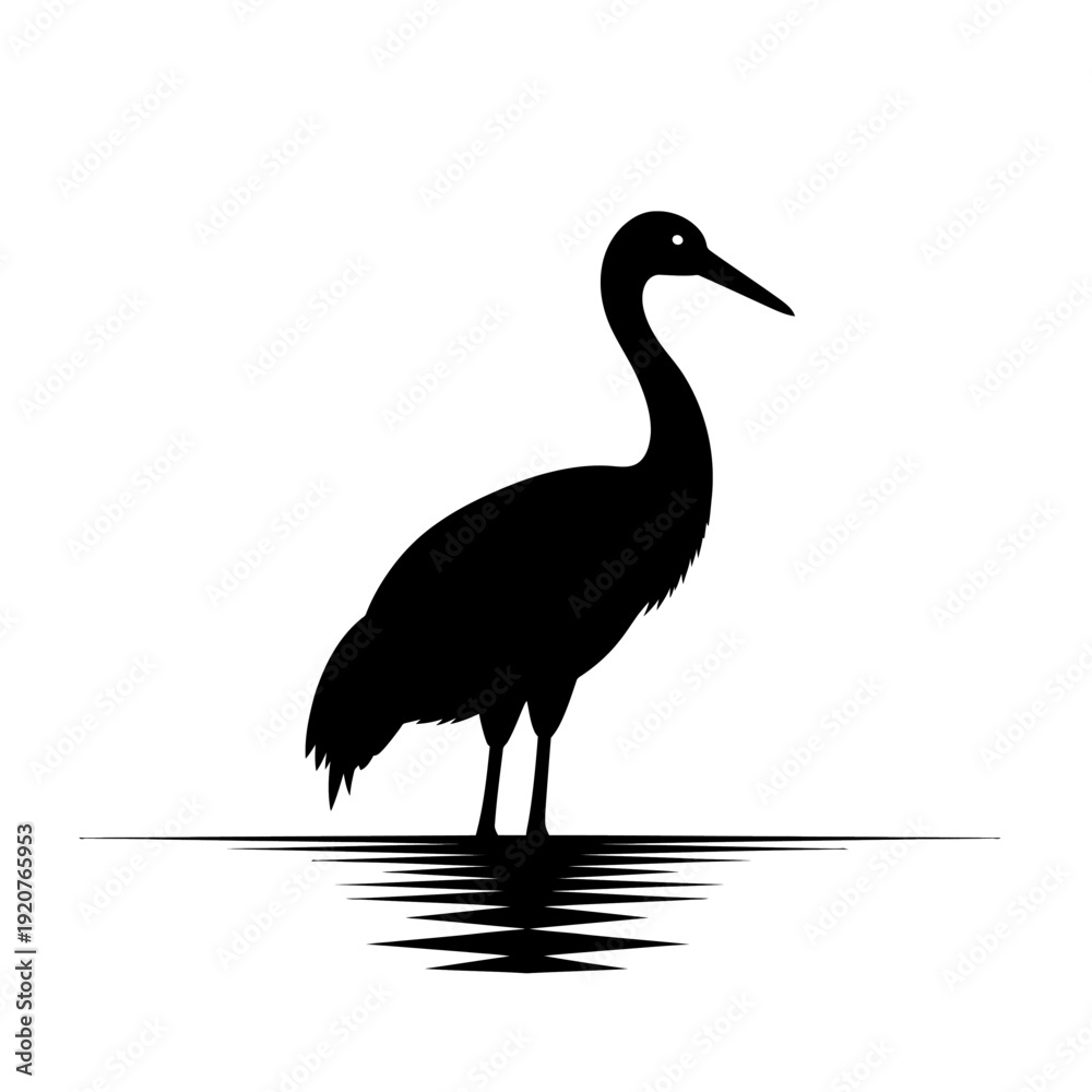 Obraz premium Elegant silhouette of a crane standing in water with reflections, minimalist design.