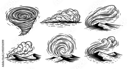 Collection of six distinct tornado and dust storm illustrations.