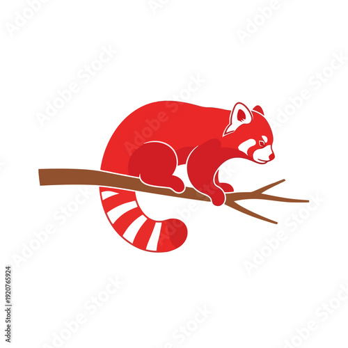 Cute red panda animal sitting on a tree branch illustration isolated.