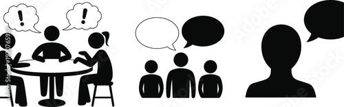 People discussion and speech bubbles vector illustration, group conversation meeting communication concept isolated black silhouettes on white background business teamwork design