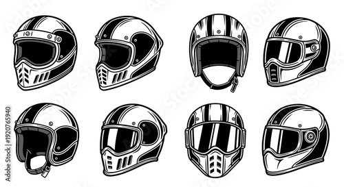 Collection of Vintage Motorcycle Helmets in Black and White.