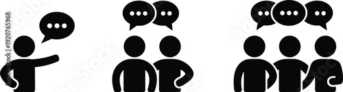 People talking with speech bubbles vector illustration, group discussion and communication concept isolated black silhouettes on white background teamwork conversation design