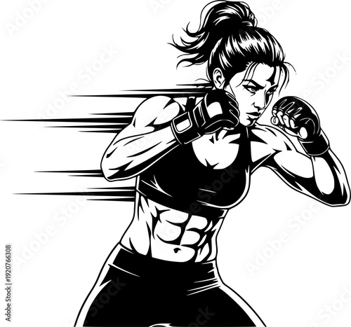 Dynamic female boxer striking pose black and white vector illustration. Transparent background EPS version.
