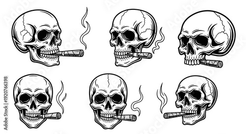 Collection of Six Skulls Smoking Cigars Illustration.