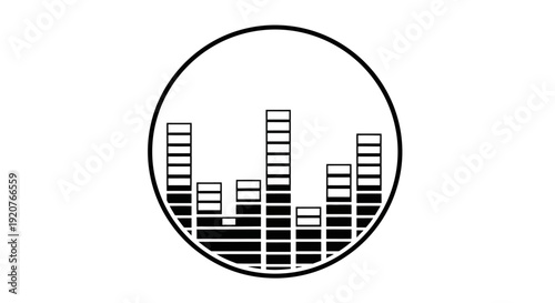 Black and white circular icon featuring an audio equalizer graphic with varying bar heights, symbolizing sound, music, or audio visualization.