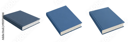 Set and collection of blue hardcover books with white pages in various perspective angles for publishing and education mockup isolated on white transparent PNG background