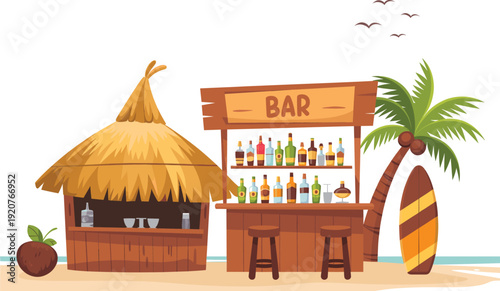 Tropical beach bar with palm tree and surfboard, summer vacation seaside vector illustration isolated on white background