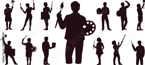 Artist painter silhouette set with paint brush and palette, creative people vector illustration isolated on white background