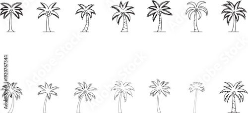 An arrangement of linear drawings of various palm trees in a repeated pattern. The palm trees vary in height, shape and curvature. They are displayed to evoke thoughts of vacations in warm.