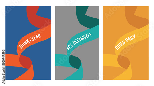 Three Vertical Motivational Posters with Wavy Ribbons and Text quotes inspiration