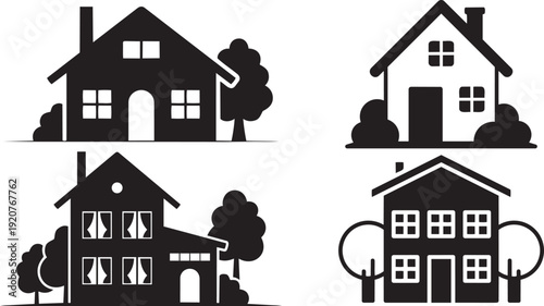 Residential Quartet: A collection of stylized house illustrations showcases diverse architectural forms, symbolizing the essence of home and dwelling.