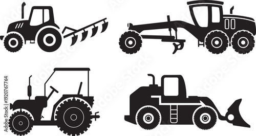 Agricultural Machines Silhouettes: A collection of various agriculture vehicles, meticulously depicted in silhouette style, perfect for any agricultural-themed projects.