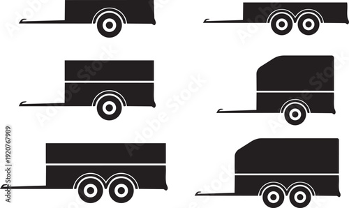 Trailer Silhouette Collection: A set of six monochrome trailer silhouettes, offering a versatile range of vehicle profiles for various transportation needs and design projects.