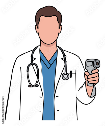 Hand drawn line art illustration of a doctor depicting holding an infrared thermometer for medical screening