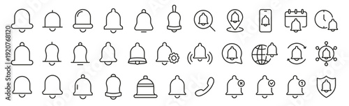 Notification, alert and bell symbols outline icons set
