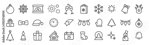Christmas, winter and holiday celebration outline icons set