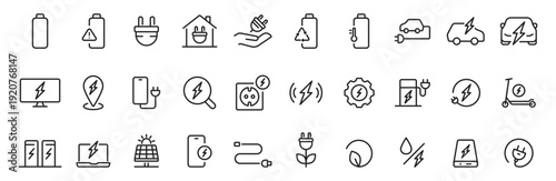 Battery charging, power and energy outline icons set
