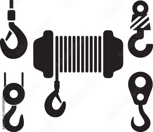 Industrial Lifting Tools: An array of robust industrial hooks and a winch, meticulously illustrated in a bold, monochrome style, symbolizes strength and engineering.