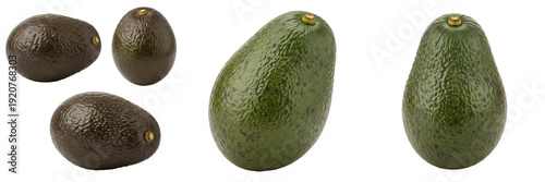 Set and collection of fresh whole green avocados in various angles and perspective views for healthy organic food concept isolated on white transparent PNG background