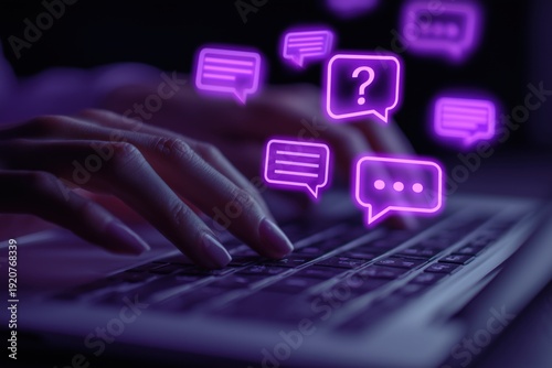 Wallpaper Mural artificial intelligence ai digital concept with a person typing on a laptop and purple speech bubbles, question marks, and chat bubble symbols floating above the keyboard Generative AI Torontodigital.ca