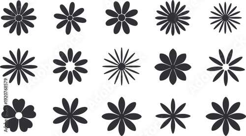 Collection of fifteen diverse black flower silhouettes