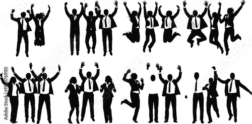 Business professional silhouettes, jumping celebration icons, teamwork success figures, corporate joy artwork, achievement motivation design elements - flat vector illustration