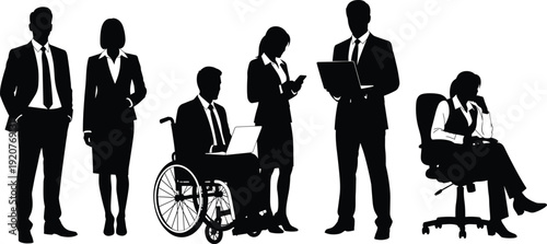 Business professional silhouettes, office worker icons, diverse workplace figures, laptop smartphone wheelchair artwork, corporate attire design elements - flat vector illustration