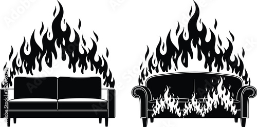Couch fire hazard silhouette vector illustration, burning furniture icons representing safety risks, flammability, and danger - flat vector illustration