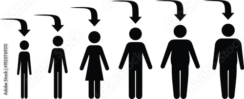 Human life cycle silhouettes, growth development icons, childhood adulthood aging figures, transformation progression artwork, generational stages design elements - flat vector illustration