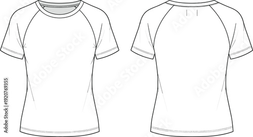 Raglan t-shirt fashion technical drawing, short sleeve garment icons, apparel construction figures, clothing pattern artwork, seam design elements - flat vector illustration