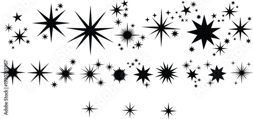 Starburst shape vector illustration, decorative sunburst icons with diverse point designs and symmetry for graphic design and artistic use - flat vector illustration