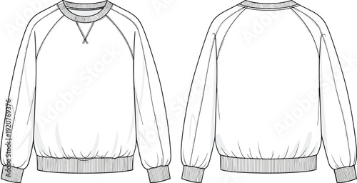 Sweatshirt fashion technical drawing, crew neck garment icons, raglan sleeve apparel figures, clothing construction artwork, pattern design elements - flat vector illustration